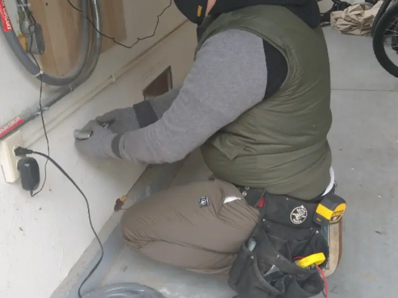 Electrician performing outlet wiring in a Rumford garage